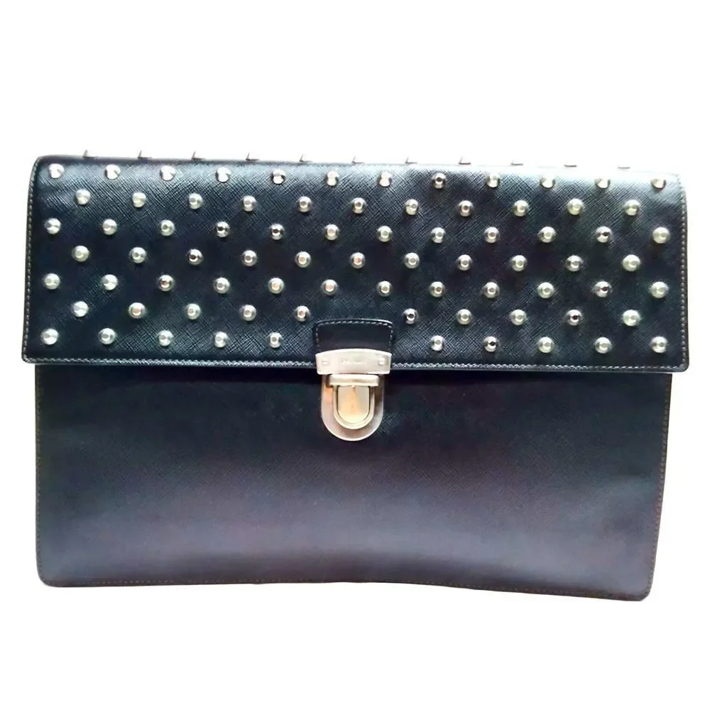Auth Prada Black Leather Studded Clutch